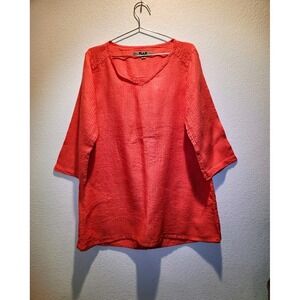 FLAX 100% Linen Textured Stripe Tunic Top Coral Orange Size S Made Lithuania